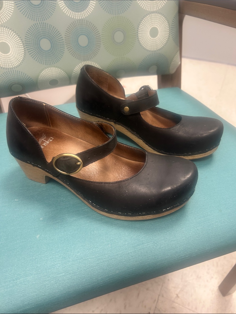 Dansko Black Mary Jane Clog Heels with Gold Buckle